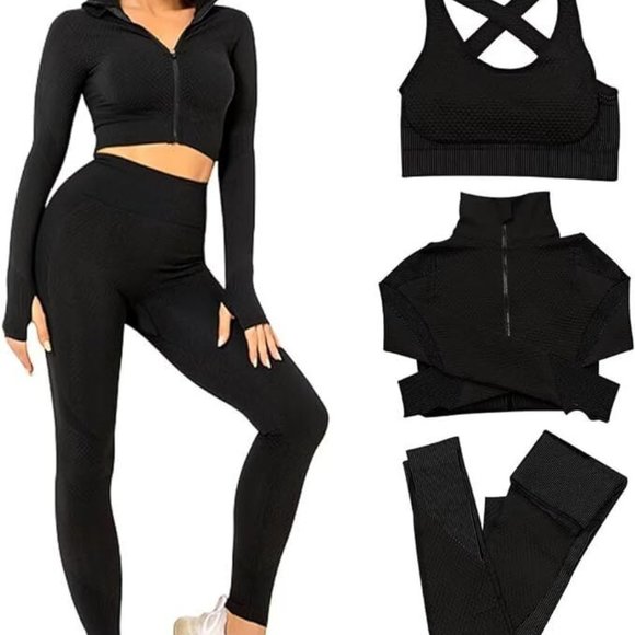 Women 3 PC Yoga Set Zipper Top Sport Suit Bra Workout Clothes Gym Fitness - Picture 2 of 9
